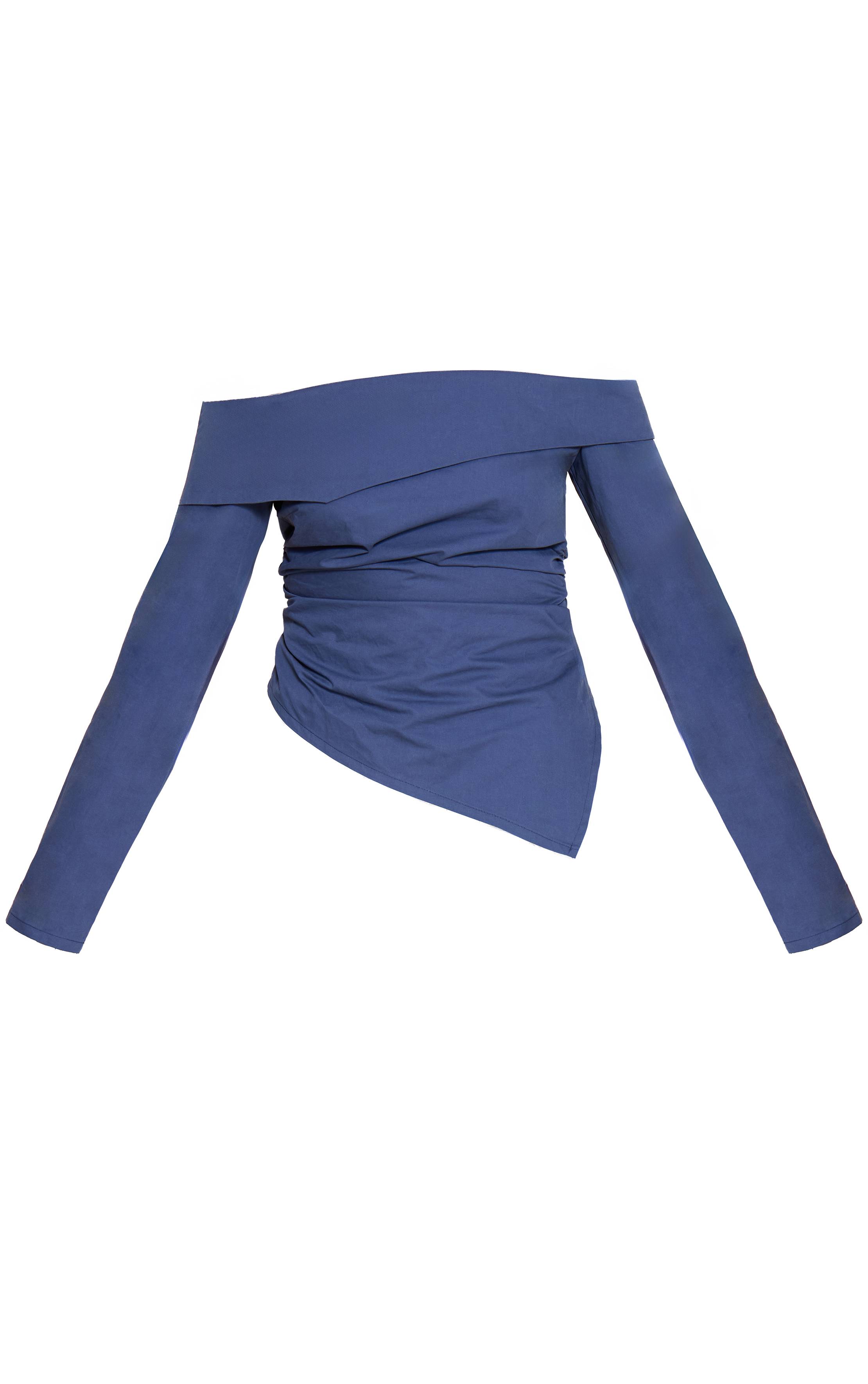 Bleu Marine Haut Bardot En Coton Froncé À Ourlet Asymétrique