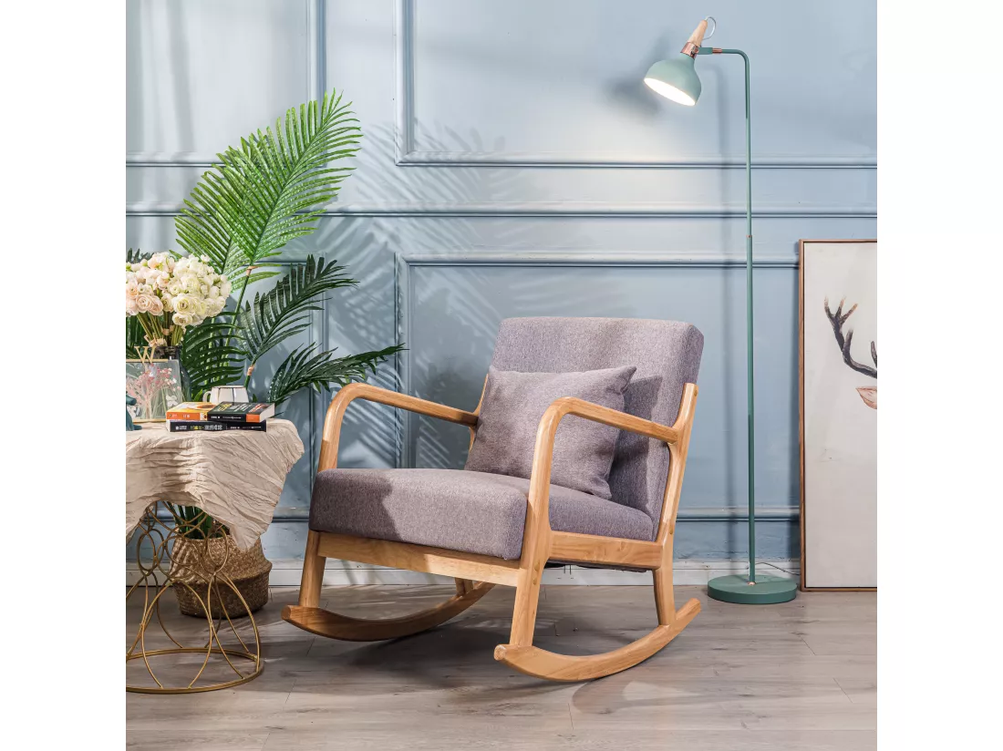Rocking chair en bois massif et tissu gris
