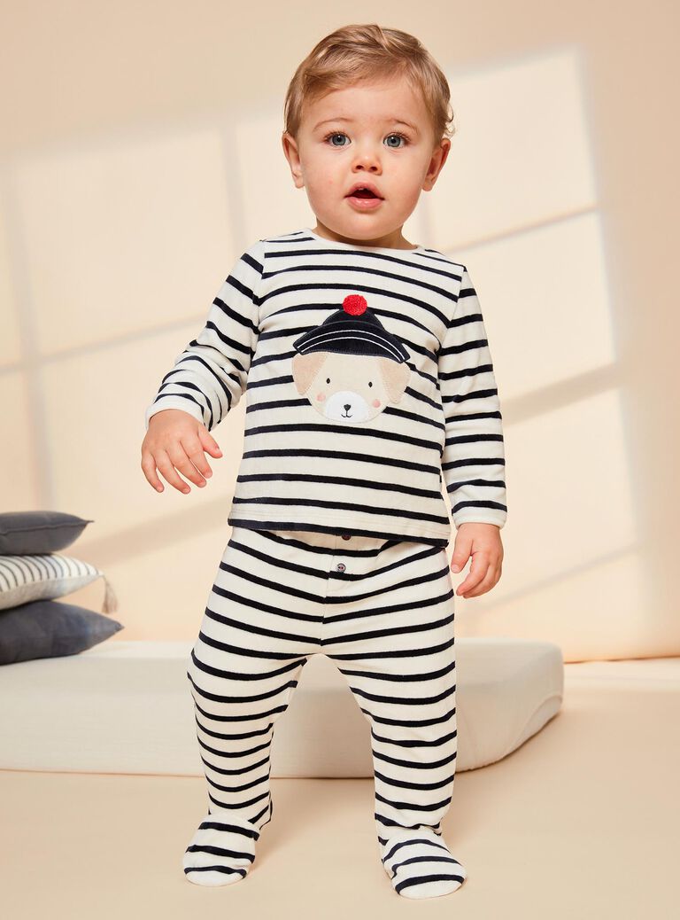 Pyjama deux pièces beige clair chiné en velours avec broderie tête de chien