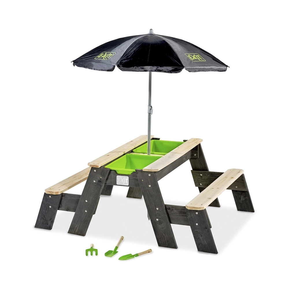 EXIT Aksent Sand - Wasser- und Picknicktisch (2 Bänke) mit Sonnenschirm und Gartenwerkzeugen