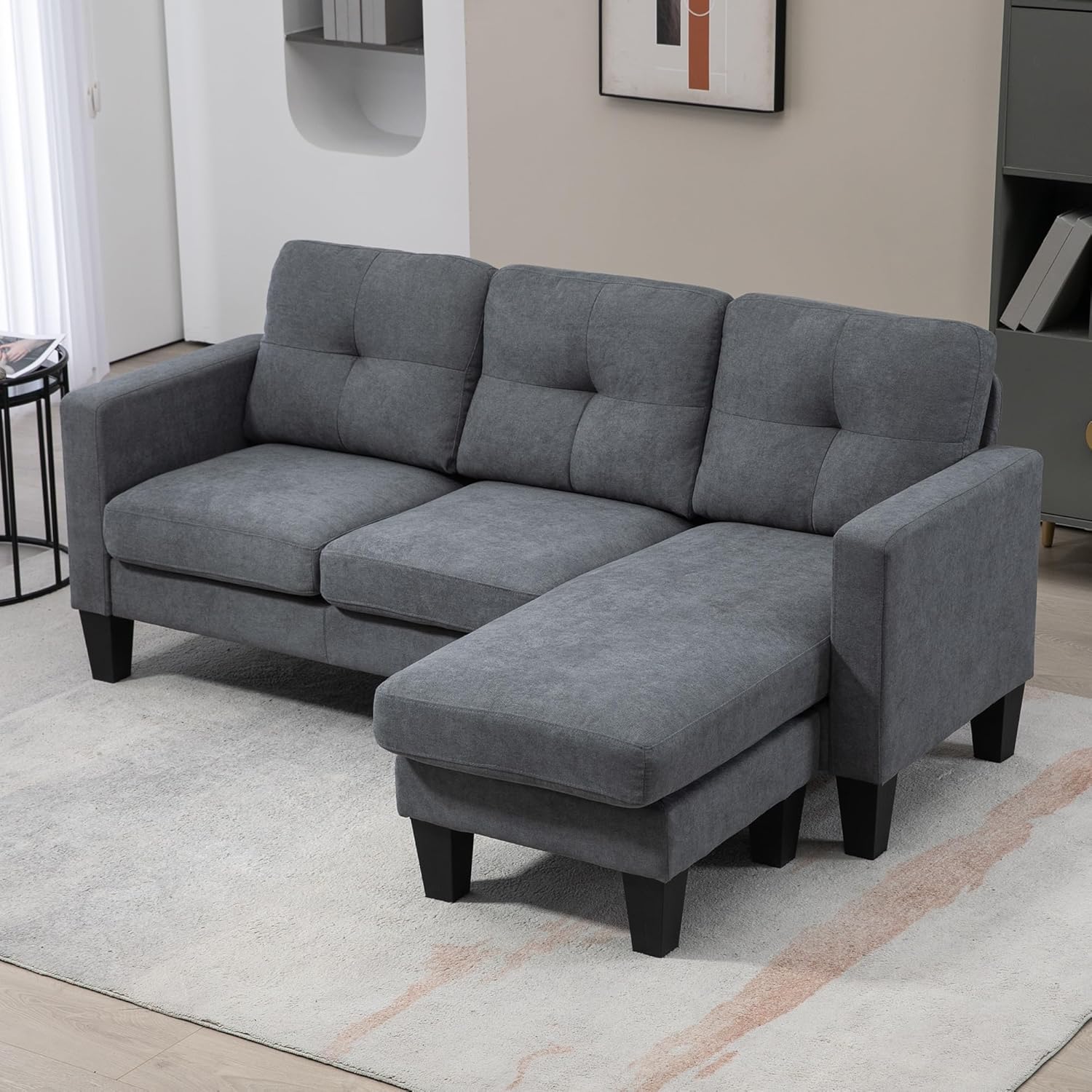 HOMCOM Ecksofa, Eck-Couch mit umkehrbarer Chaiselongue, Sofa in L-Form, Gepolstert Eckcouch mit Federkern, Stahlrahmen Leinenoptik, 186 x 130 x 84 cm, Dunkelgrau