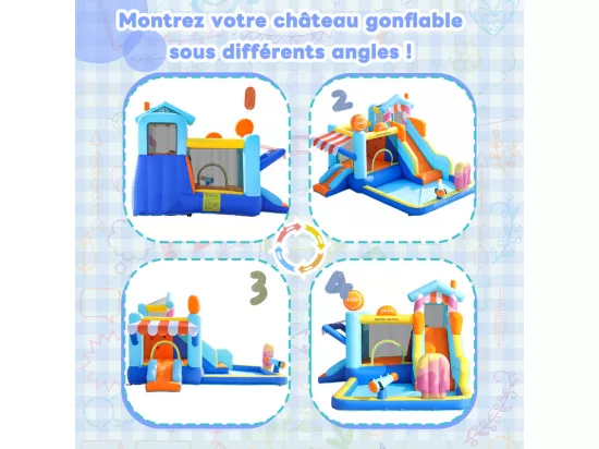 Château gonflable avec auvent, toboggan, trampoline, pistolets à eau - parc aquatique avec souffleur - 395x340x236cm