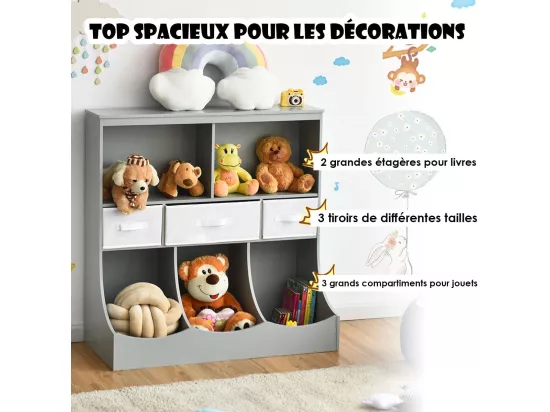 Bibliothèque enfants à 3 niveaux avec 3 tiroirs et 5 compartiments ouverts 93x40x94 cm