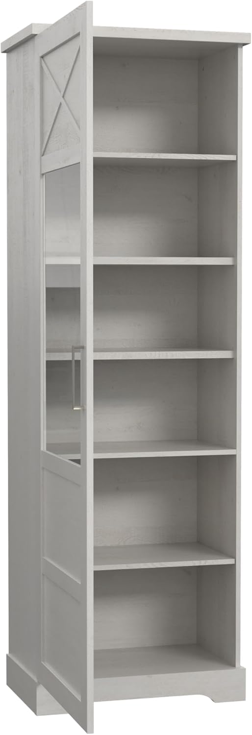 Forte ROCKHAMPTON Vitrine 70, Wohnzimmervitrine modern, Vitrinenschrank weiß, Linksseitige Vitrine mit 2 Türen, Holzwerkstoff, Pinien Holzdekor/Weiß, 68,5 cm breit x 206,2 cm hoch x 42 cm tief