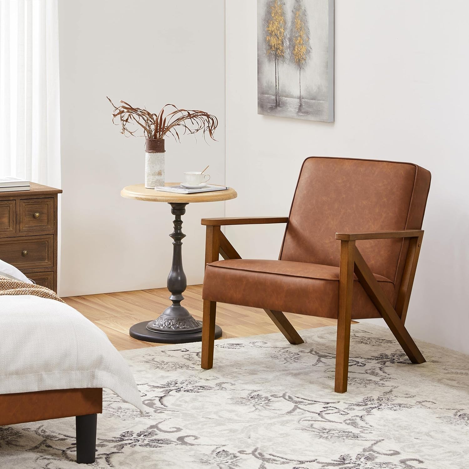 Yaheetech Loungesessel Sessel Vintage Relaxsessel Kunstleder mit Massivholzbeinen Einzelsofa für Wohnzimmer/Schlafzimmer/Empfangsbereich Hellbraun