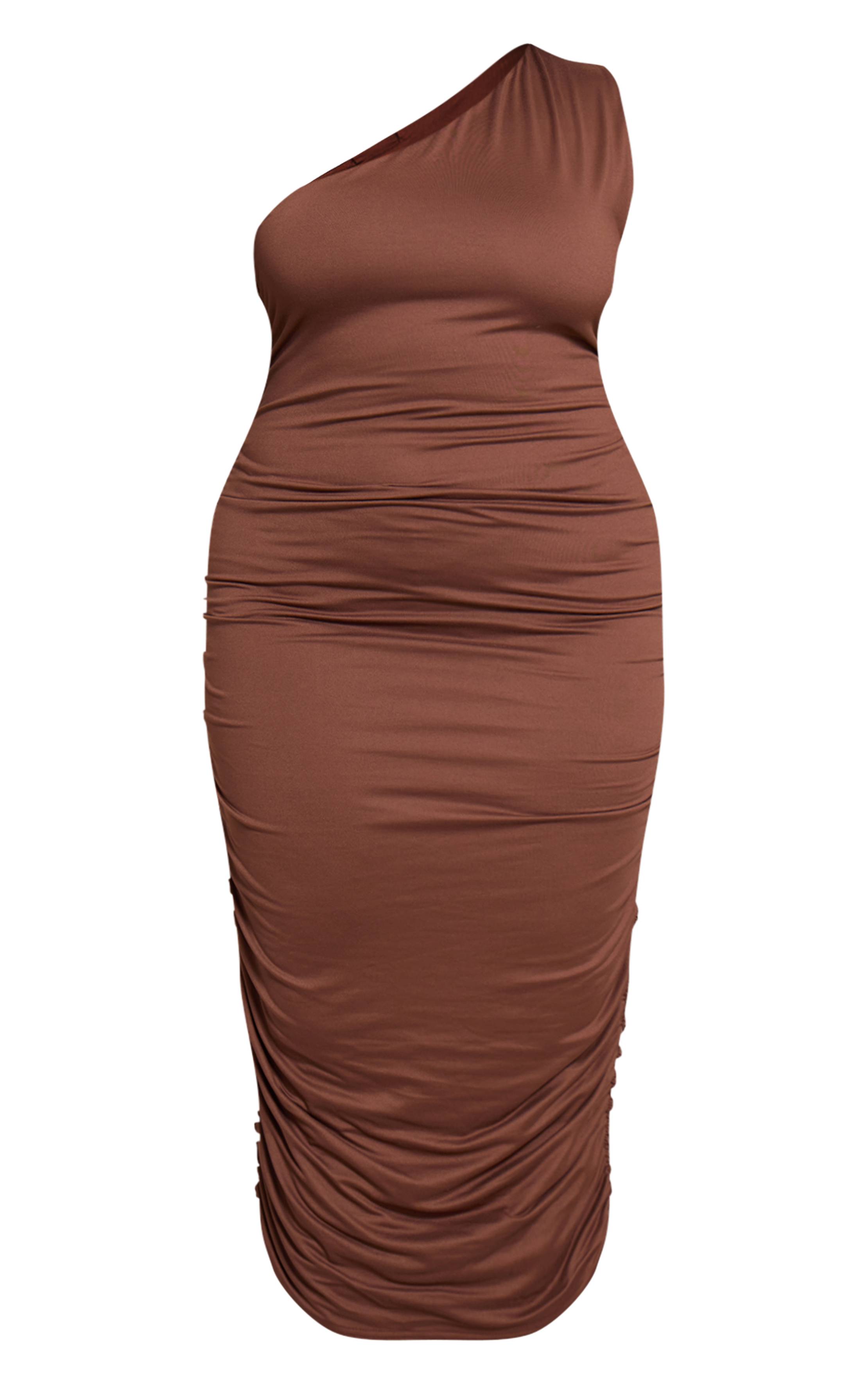 Marron Robe Midaxi Grande Taille À Une Épaule Avec Détails Froncés Au Col