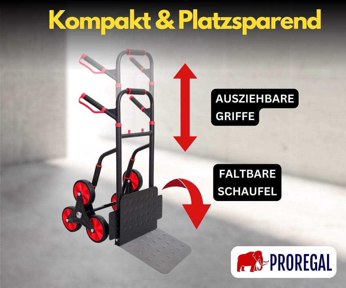 PROREGAL Opvouwbare Professionele Trapklimmer TAURUS 250 HxBxD 115 x 52 x 63 cm Draagvermogen 250 kg Stalen frame Ergonomische handgrepen TPR rubberen wielen Rood-Zwart
