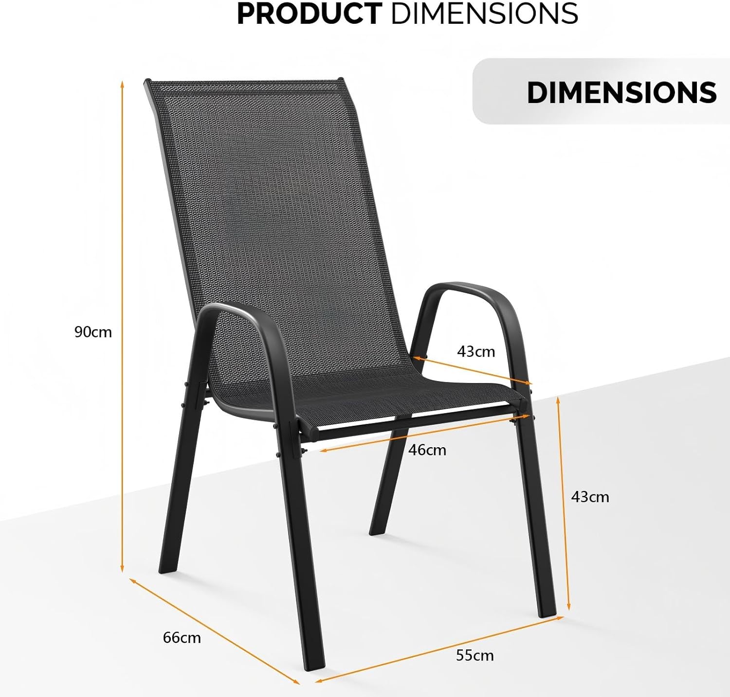 Bonnlo Stapelbare Gartenstühle 6er Set, Outdoor-Essstühle, Wetterfeste Stapelstühle mit Atmungsaktivem Textilene, Robustes Metallgestell, für Balkon, Terrasse & Garten, bis 180 kg, Schwarz