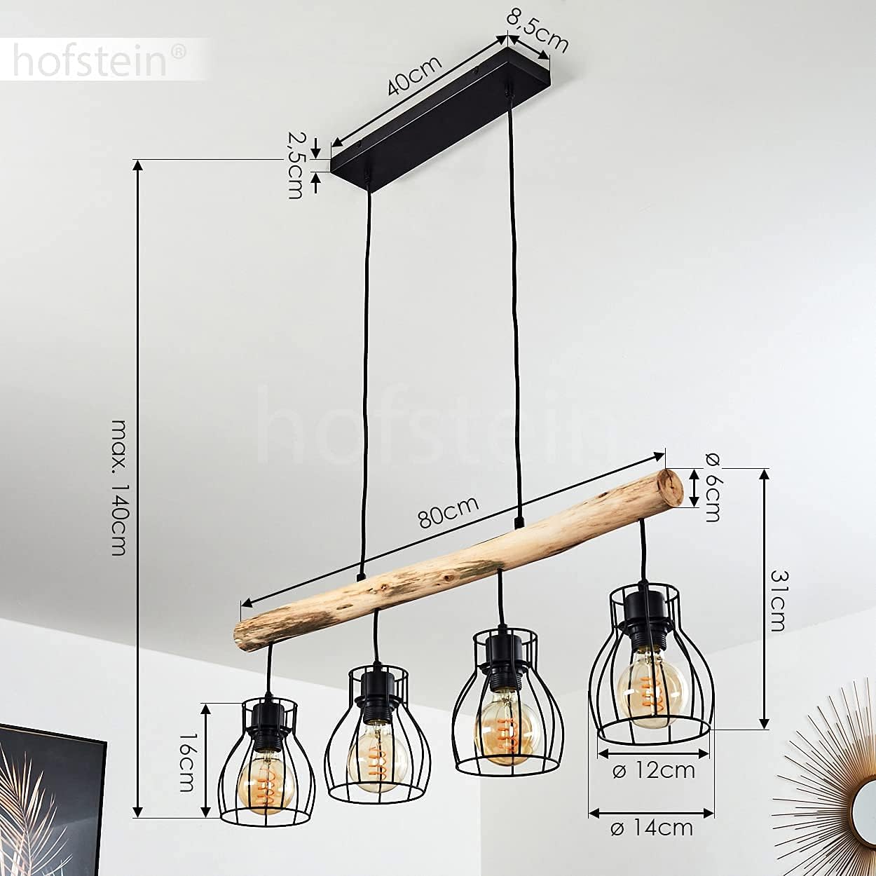 HOFSTEIN Pendelleuchte Gondo, Hängelampe aus Metall/Holz in Schwarz/Braun, 4-flammig aus Naturholz und schwarzem Metall, gitterförmige Lampenschirme, Höhe bis max. 138 cm, Küche, Wohnzimmer, Esszimmer