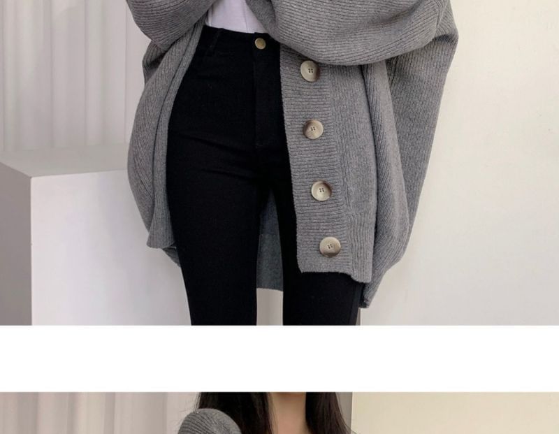 FR - V-hals geribbeld, oversized vest met knoopjes