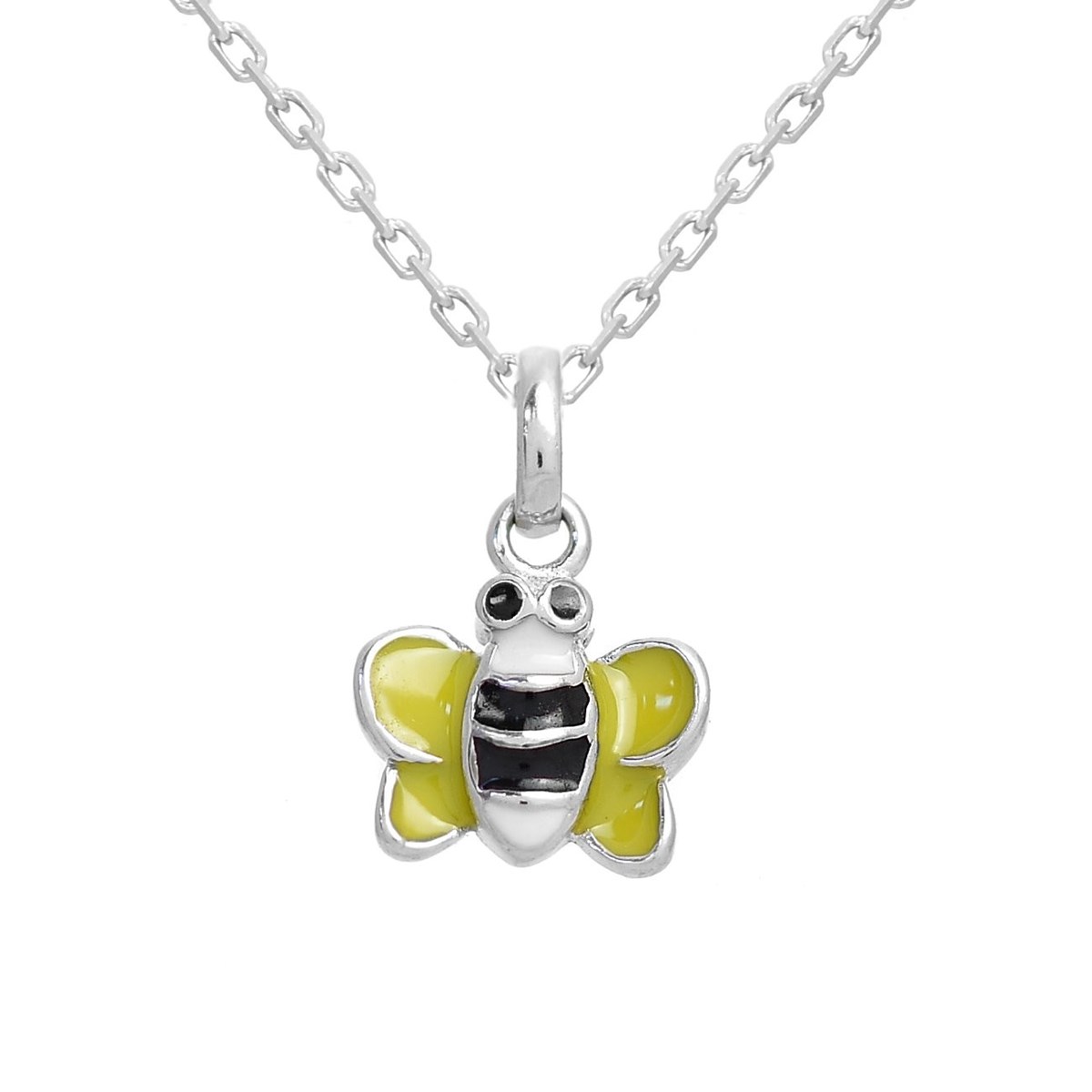Collier petite abeille émail jaune, noir et blanc Argent 925 Rhodié