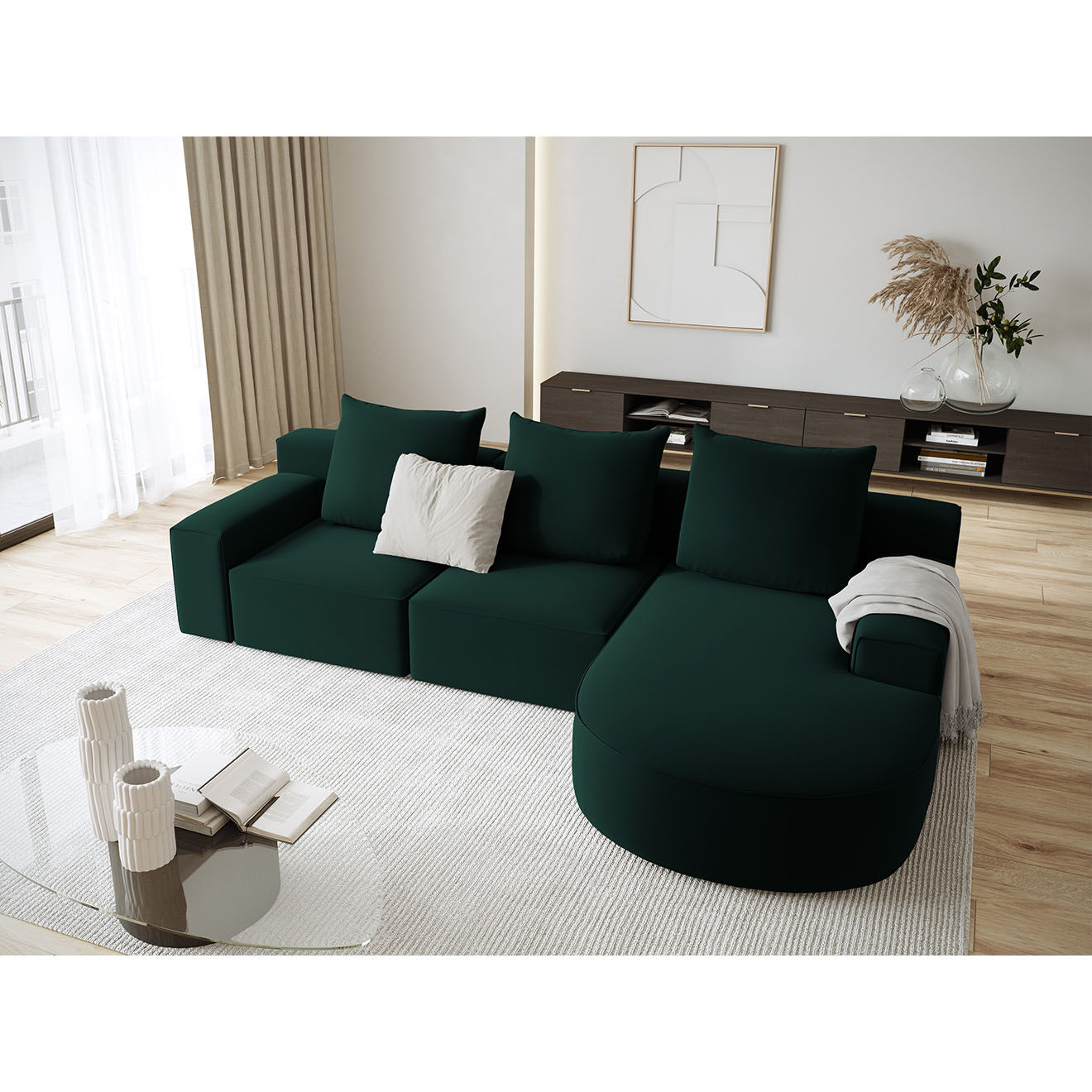 Mazzini Sofas Canapé d'angle droit arrondi en velours Ivy 5 Places vert foncé - 285x180x89 cm