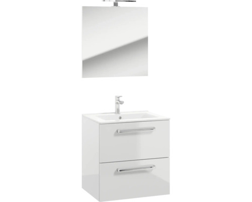NELSON badkamermeubelset, afmetingen (B x H x D): 60 x 200 x 46 cm, frontkleur: hoogglans wit, 4-delige badkamermeubelset met keramische wastafel, spiegel en badmeubel