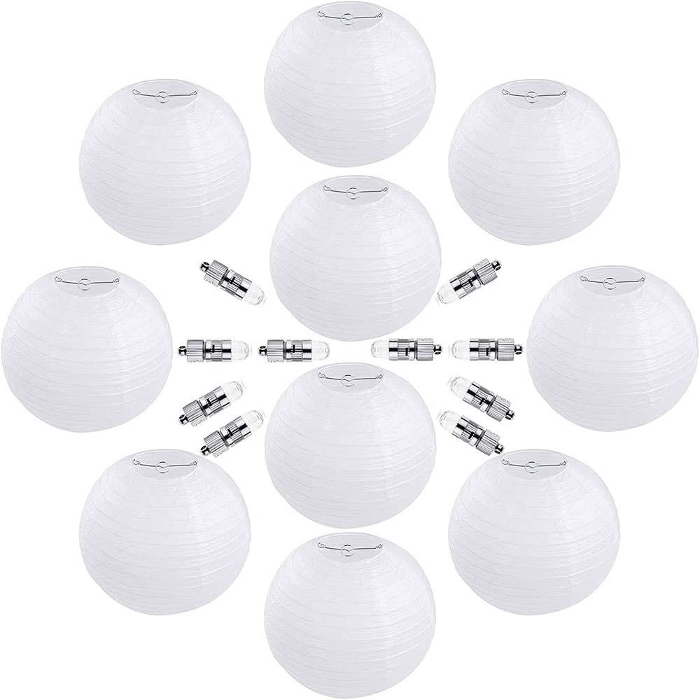 (10er Set) Ø30cm Papier Lampion LED Lichter Deko Party / Geburtstag / Hochzeit - Weiss