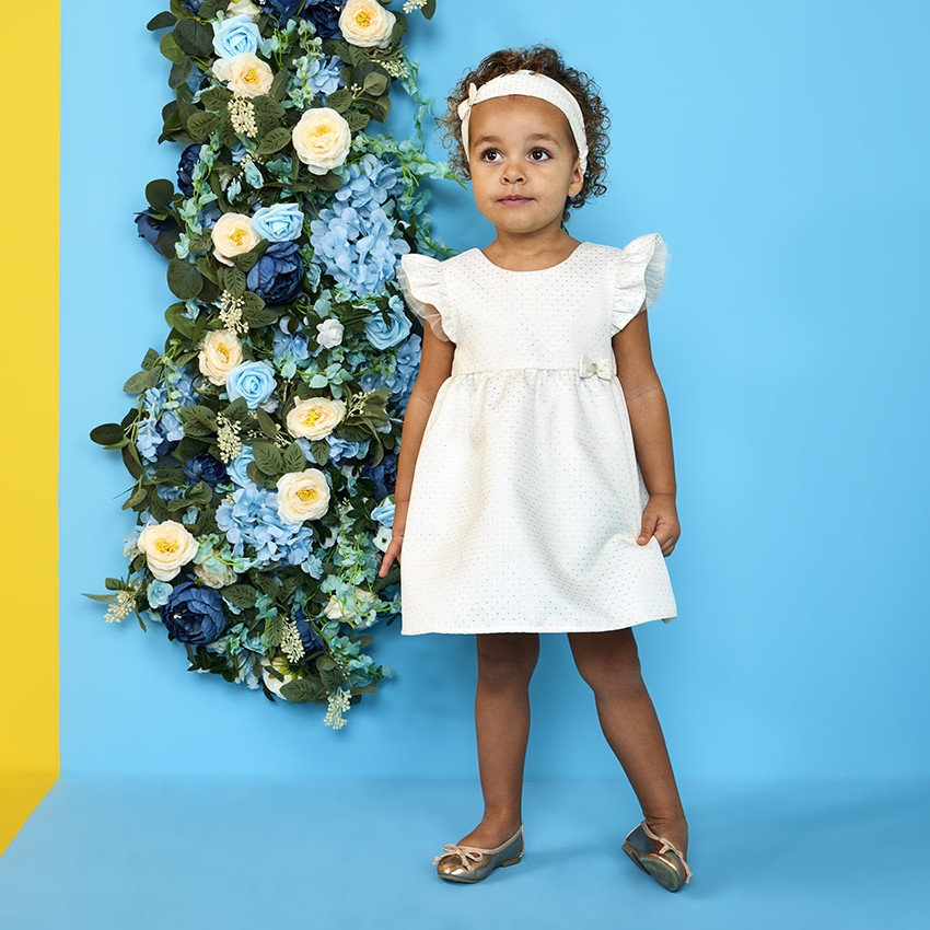 Ensemble de cérémonie robe en jacquard + bandeau pour bébé fille