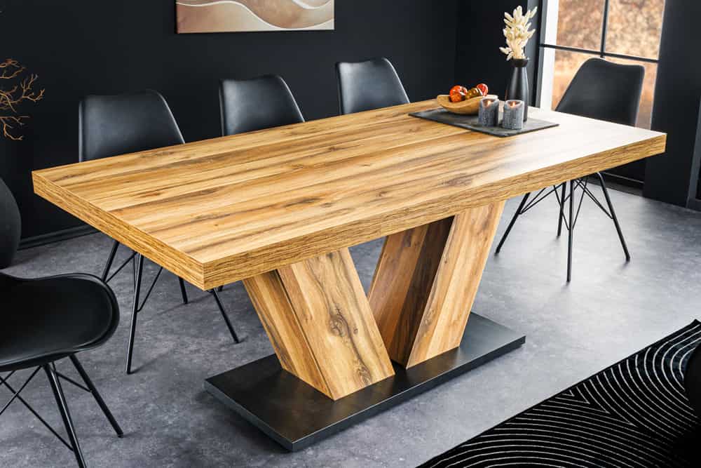 Ausziehbarer Esstisch MONTREAL 180-280cm natur Plankeneiche Holz-Design V-Gestell