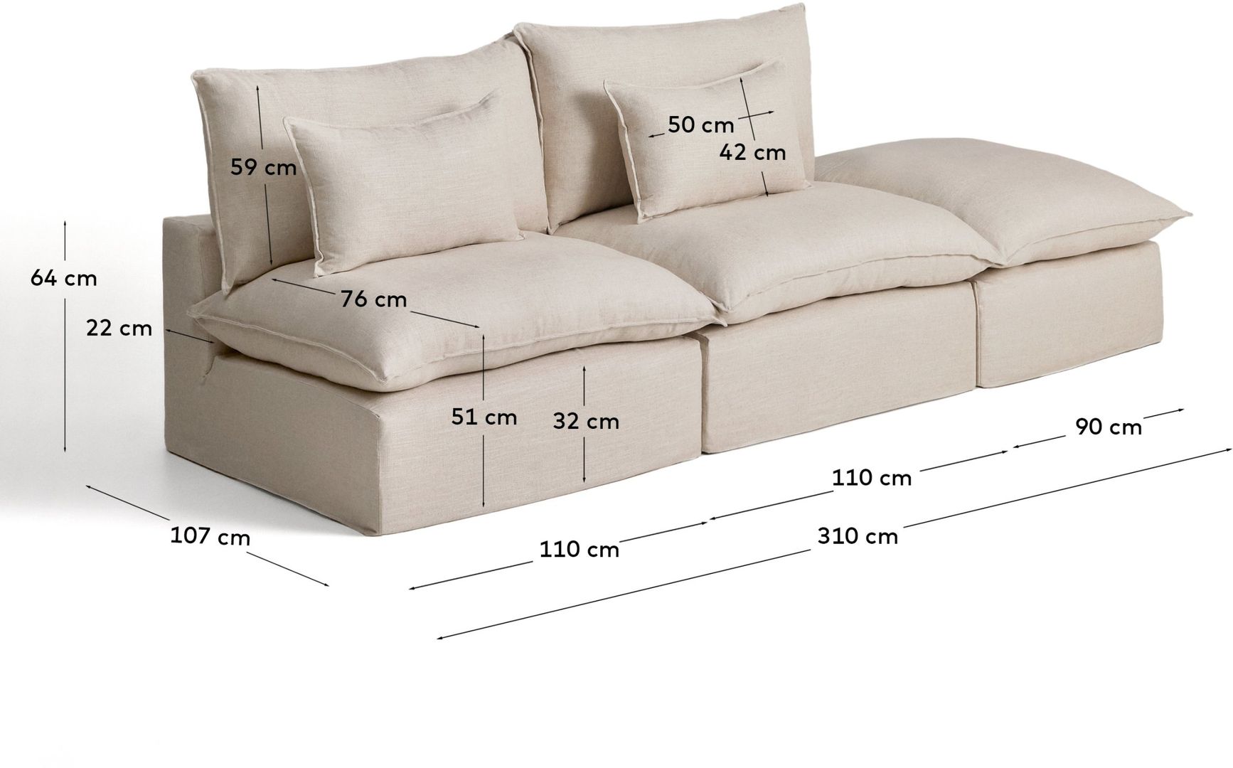 Kave Home   Anarela 3-Zitsbank + Hocker