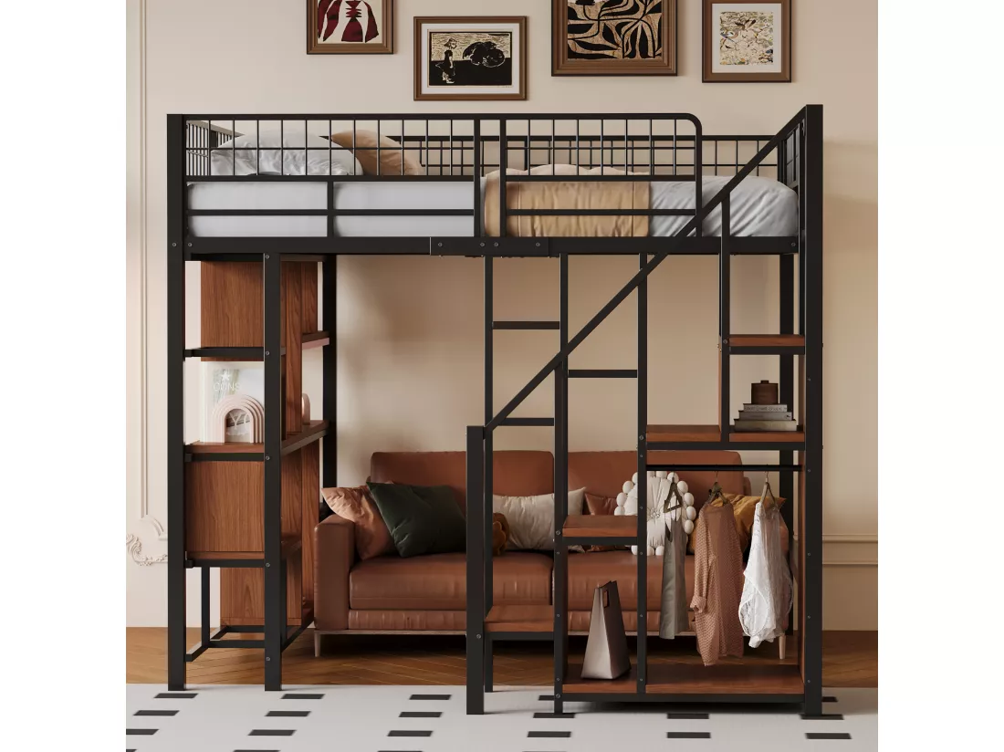 Lit mezzanine 140 x 200 cm avec armoire et étagères - Métal + Contreplaqué + MDF - Sommier à lattes - Noir