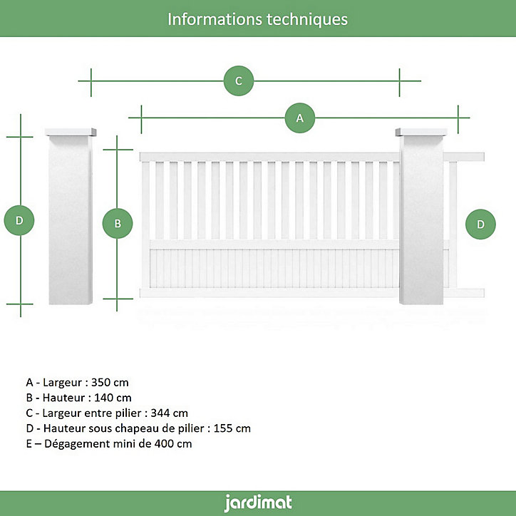Portail Jardimat coulissant aluminium Garonne blanc 9016 - 350 x h.140 cm