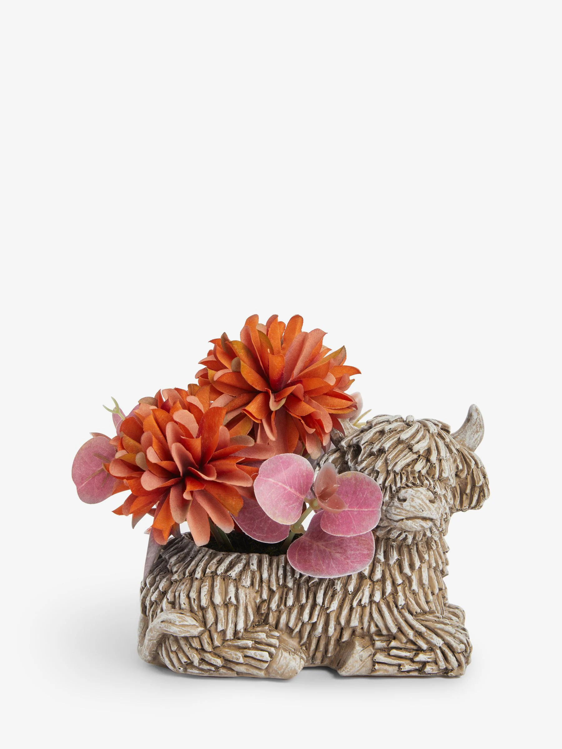 Kunstmatige herfstbloemen in Hamish The Highland pot met hooglander