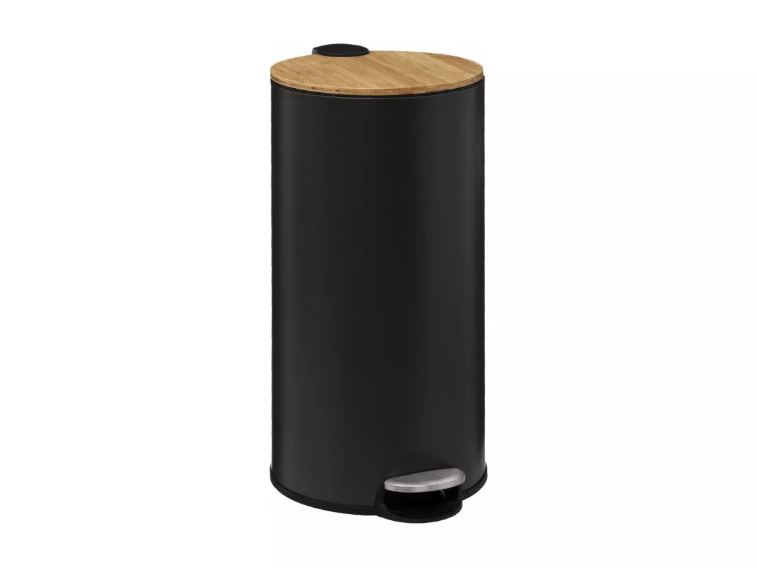 Poubelle 30 Litres en Métal Noir charbon et Couvercle en Bambou