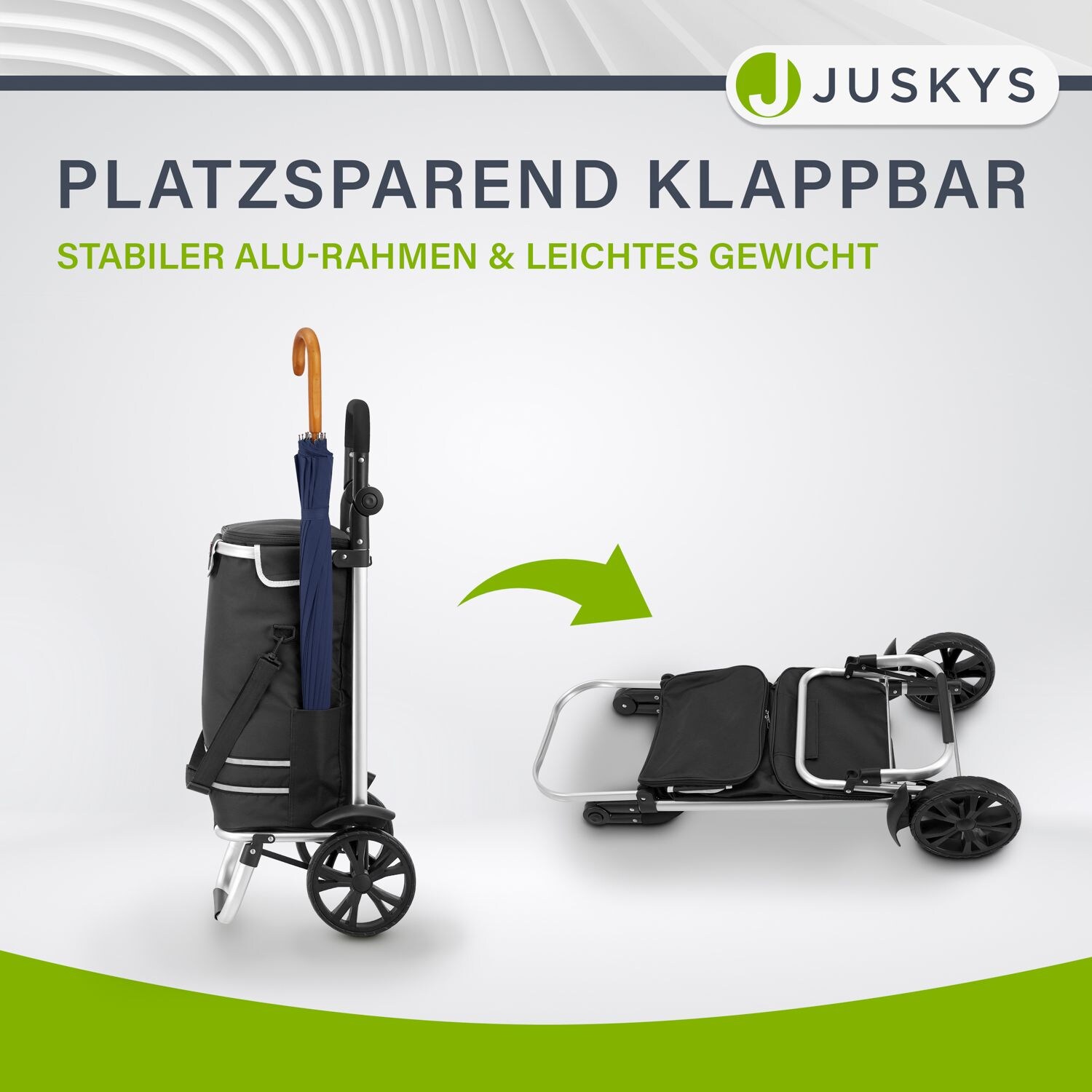 Juskys Einkaufstrolley 3in1 mit 2 Rollen für Shopping - 56 L Tasche - Trolley klappbar - Schwarz