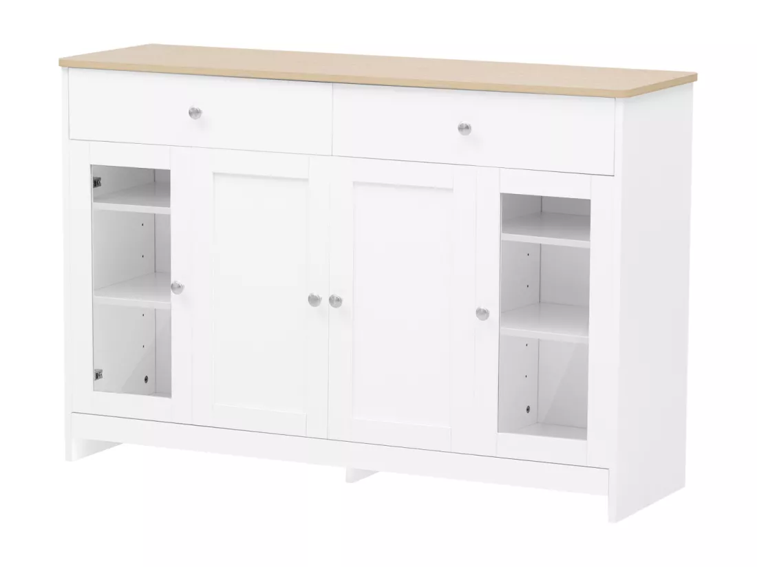 Buffet en bois blanc veiné 120 Lx37 Bx80H(cm) - Buffet avec 4portes avec verre et 2 tiroir pour cuisine, salon, salle à manger - Blanc