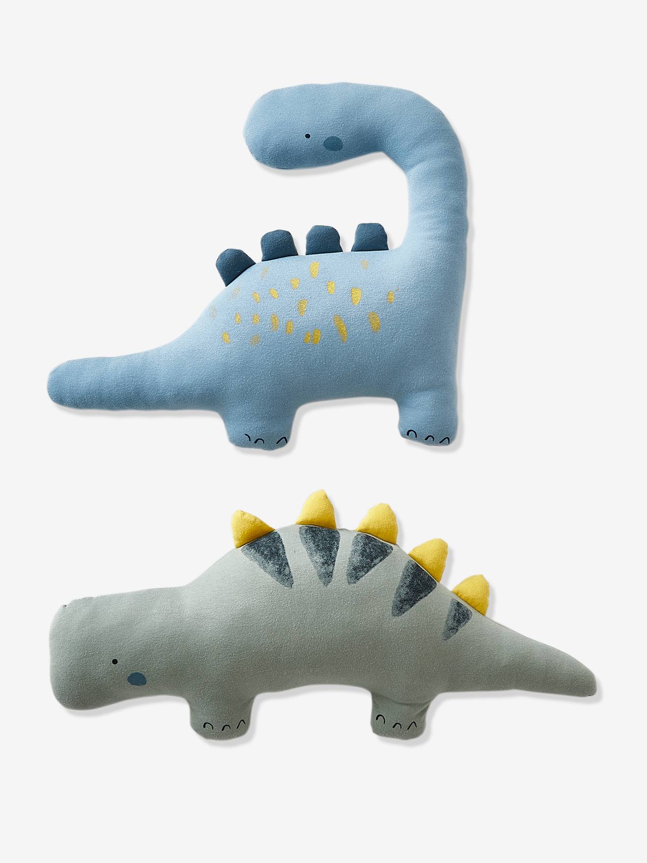 Conjunto de 2 almofadas pequenas com estampa de dinossauro, azul médio, lisas com detalhes.