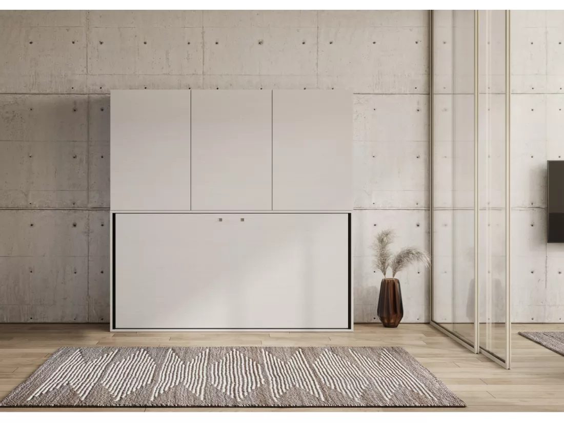 Lit escamotable horizontal blanc Bounto 85x185 avec rangement et bibliothèque composition D-