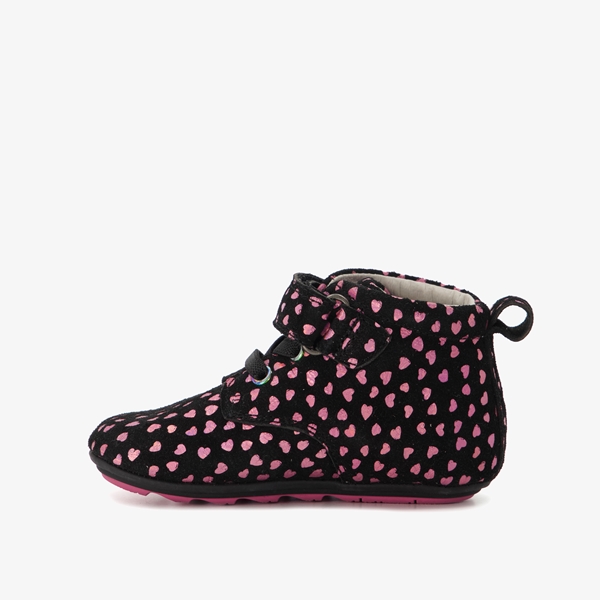 Groot leren babyschoenen zwart met roze hartjes