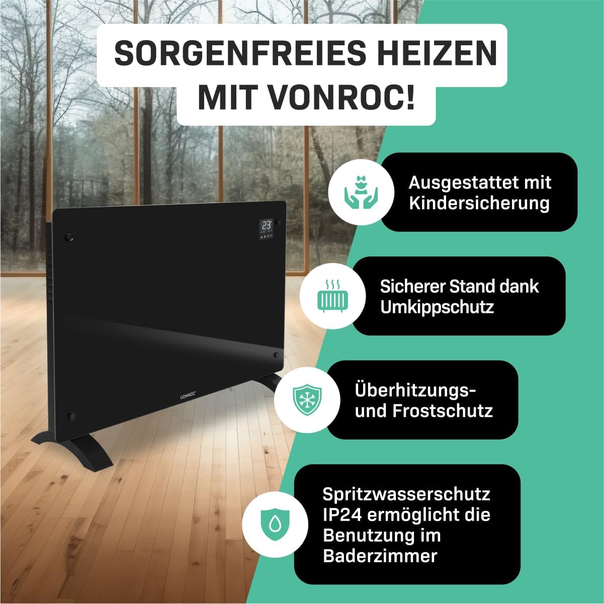 VONROC Elektroheizung energiesparend 2000W - Konvektor Heizung [24qm Räume] - Mobile Elektrische Heizung [App/Touch Steuerung] - Heizkörper 2in1 Wand-/Bodenmontage - Schwarz