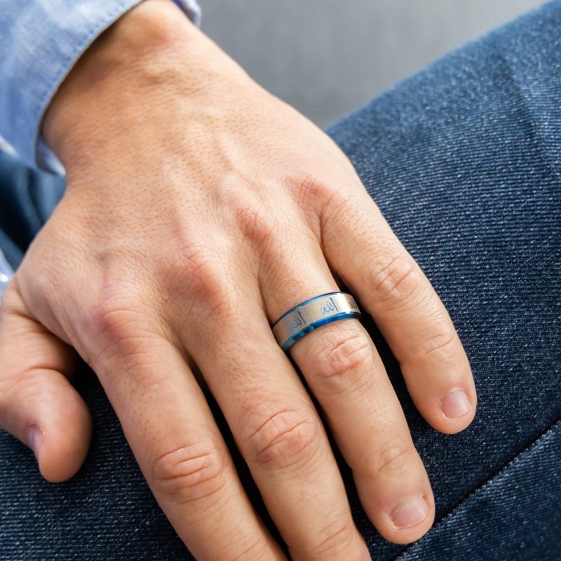 Bague Anneau Homme en Acier Bleu Allah