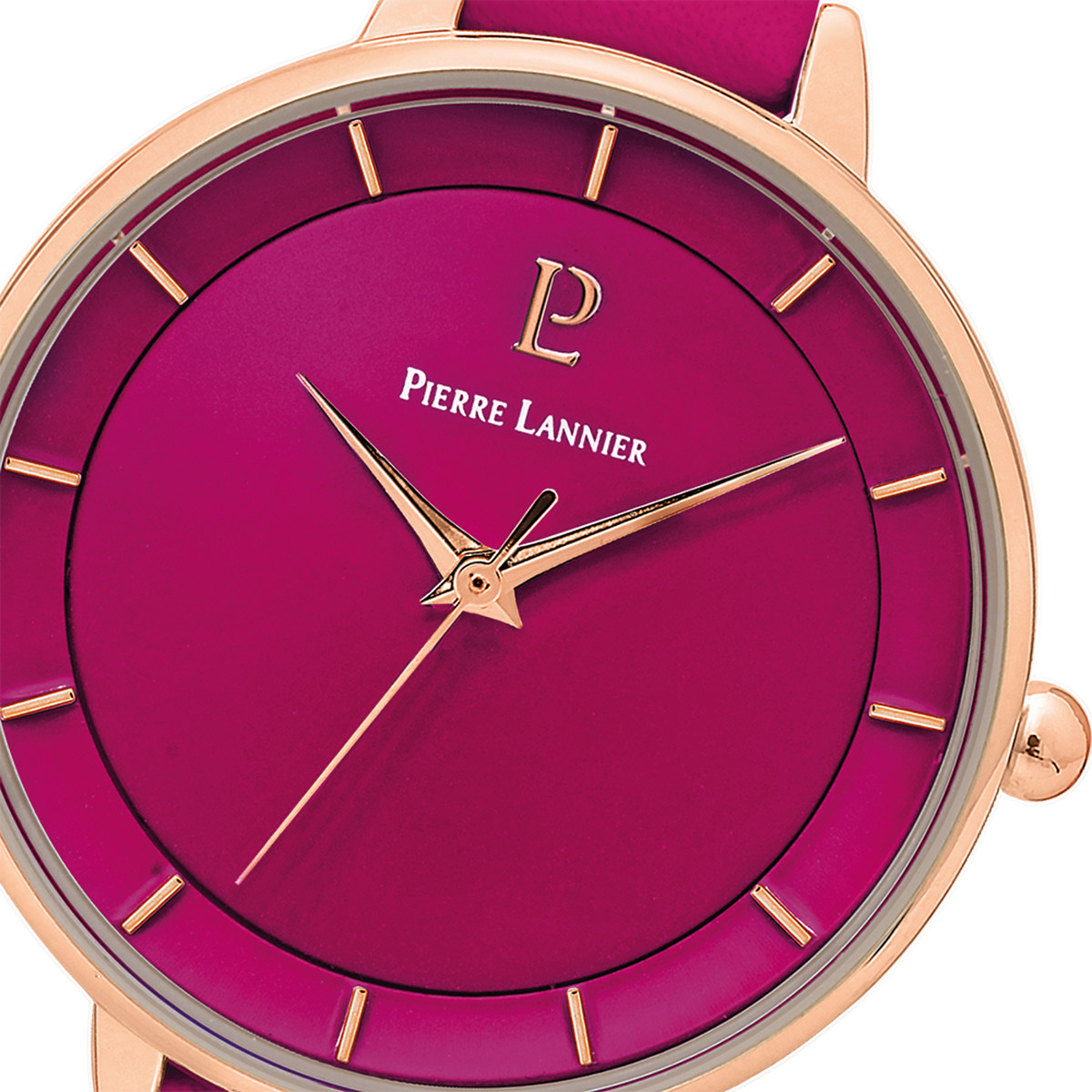 Montre PIERRE LANNIER femme acier doré rose bracelet cuir framboise