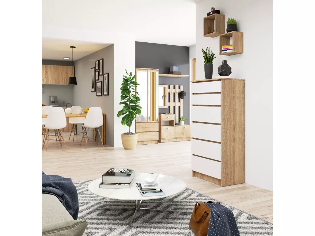 Commode AKORD K60 Chêne Sonoma 60 cm 6 tiroirs façade Blanche 60x40x130 cm