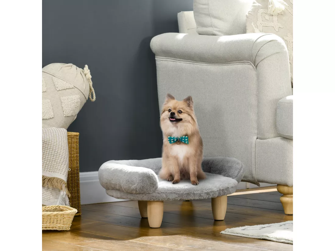 Canapé panier chien ou chat design scandinave housse amovible pieds en bois peluche douce gris