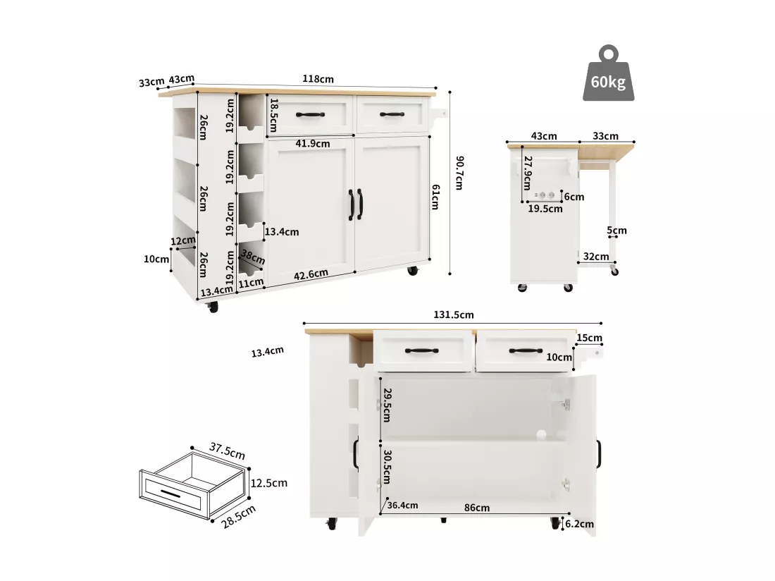 Ilot central de cuisine - chariot à roulette avec prises - avec plan extensible - 2 portes 2 tiroirs et casiers à vin - Blanc