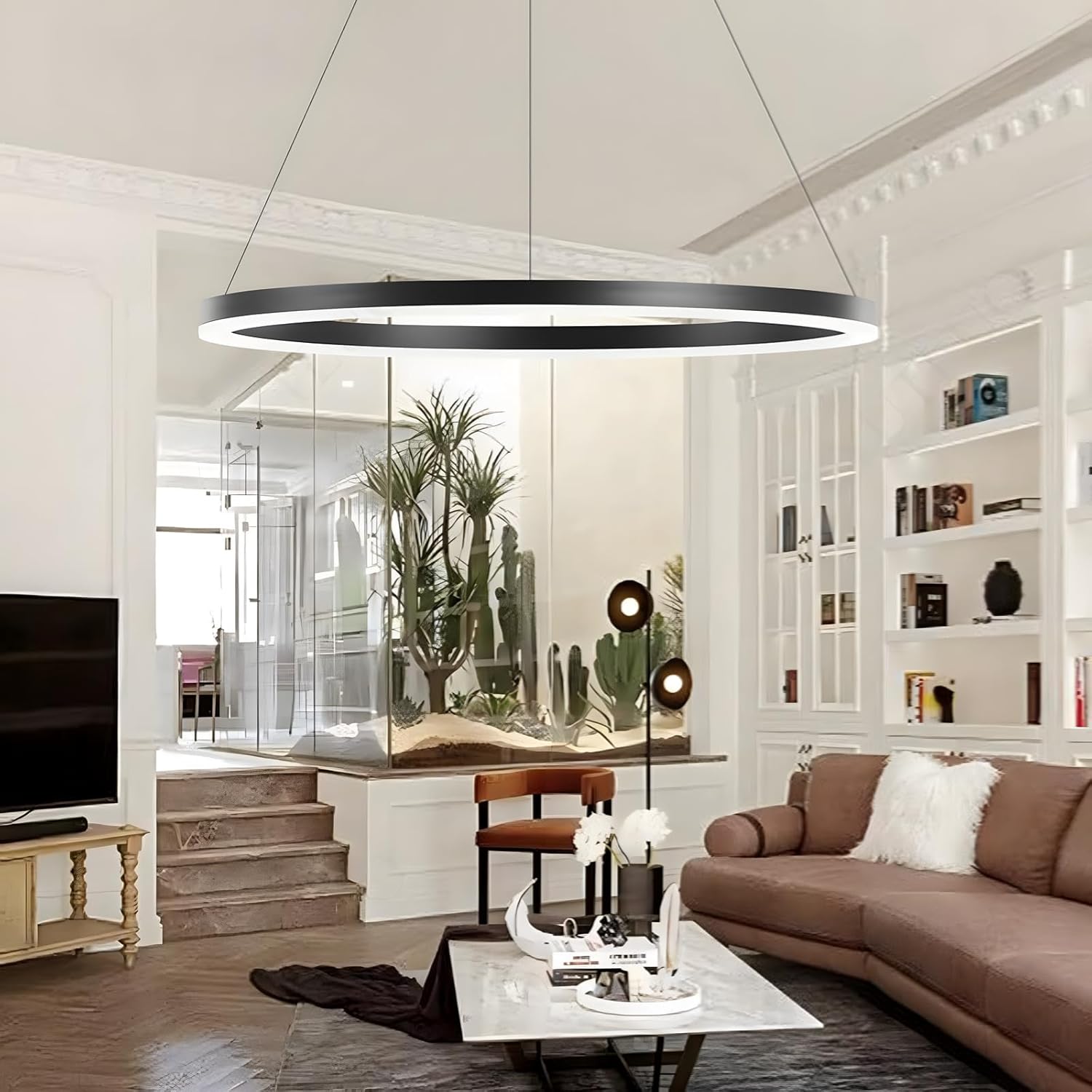 Moderner DIY-Kreis-LED-Kronleuchter | 1 Schwarz Ringe:80cm=35W | LED-Pendelleuchte aus Metall+Acryl | 2,4 G Dimmbare Fernbedienung | Runde Decken-Hängelampe Wohnzimmer Schlafzimmer