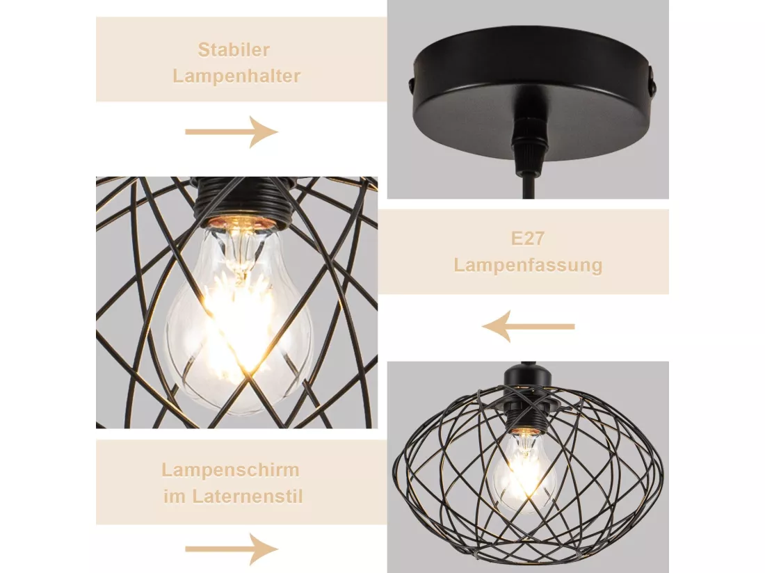 NETTLIFE Lampe à suspension Lampe à suspension noire industrielle - Lampe à suspension Métal Vintage E27 Lampe à suspension Rétro