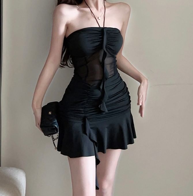Secolo - Halter effen mini bodycon-jurk met ruches en mesh paneel met ruches