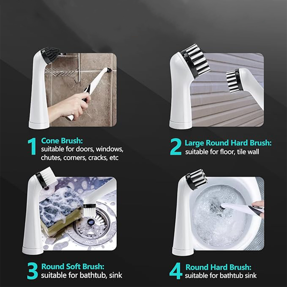 (5-tlg. Set) Elektrische Reinigungsbürste Universal Scrubber Cleaner mit 4 Aufsätzen für Fliesen / Fugen / Bad / Dusche (Batteriebetrieben) - Weiss