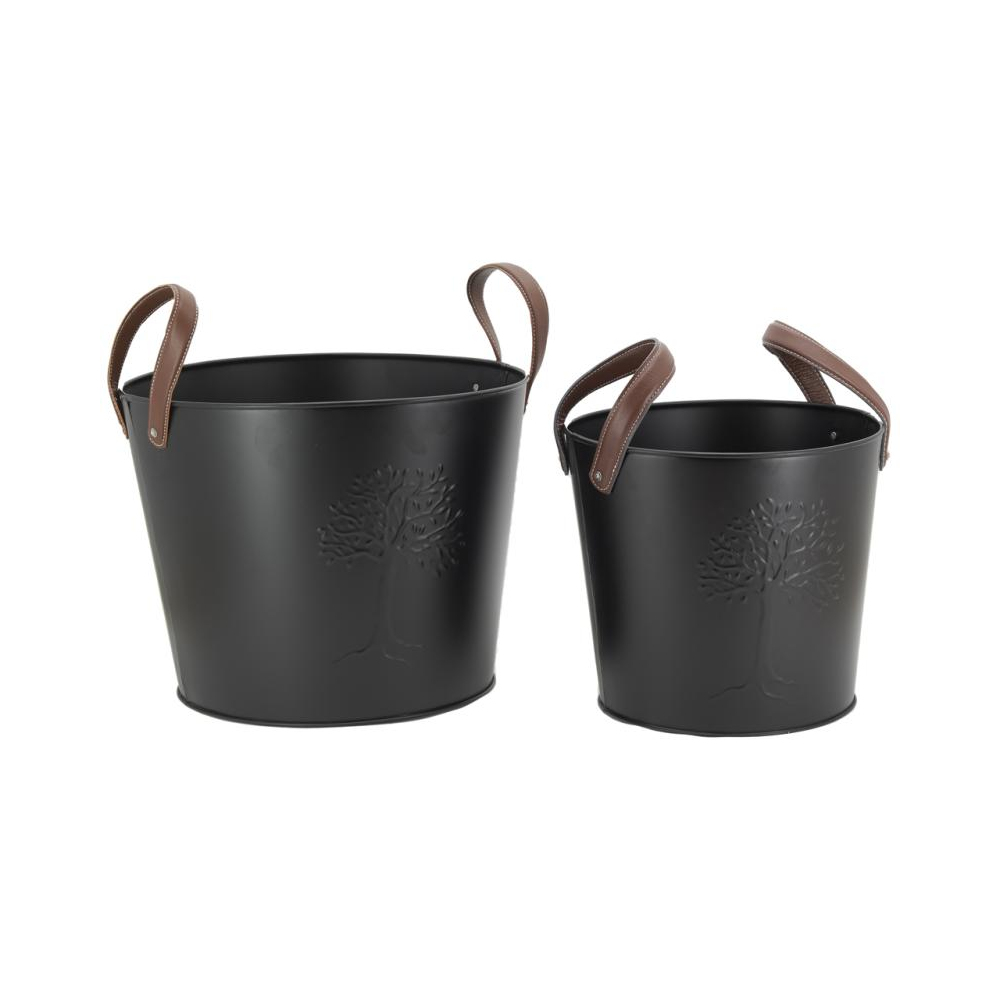 Seaux en métal noir et cuir (lot de 2)