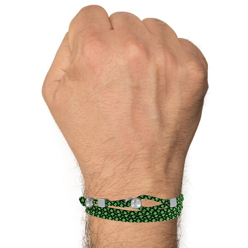 Bracelet Homme Métal Argenté Cubes Fermoir Bouton et Lien en Paracorde - Vert