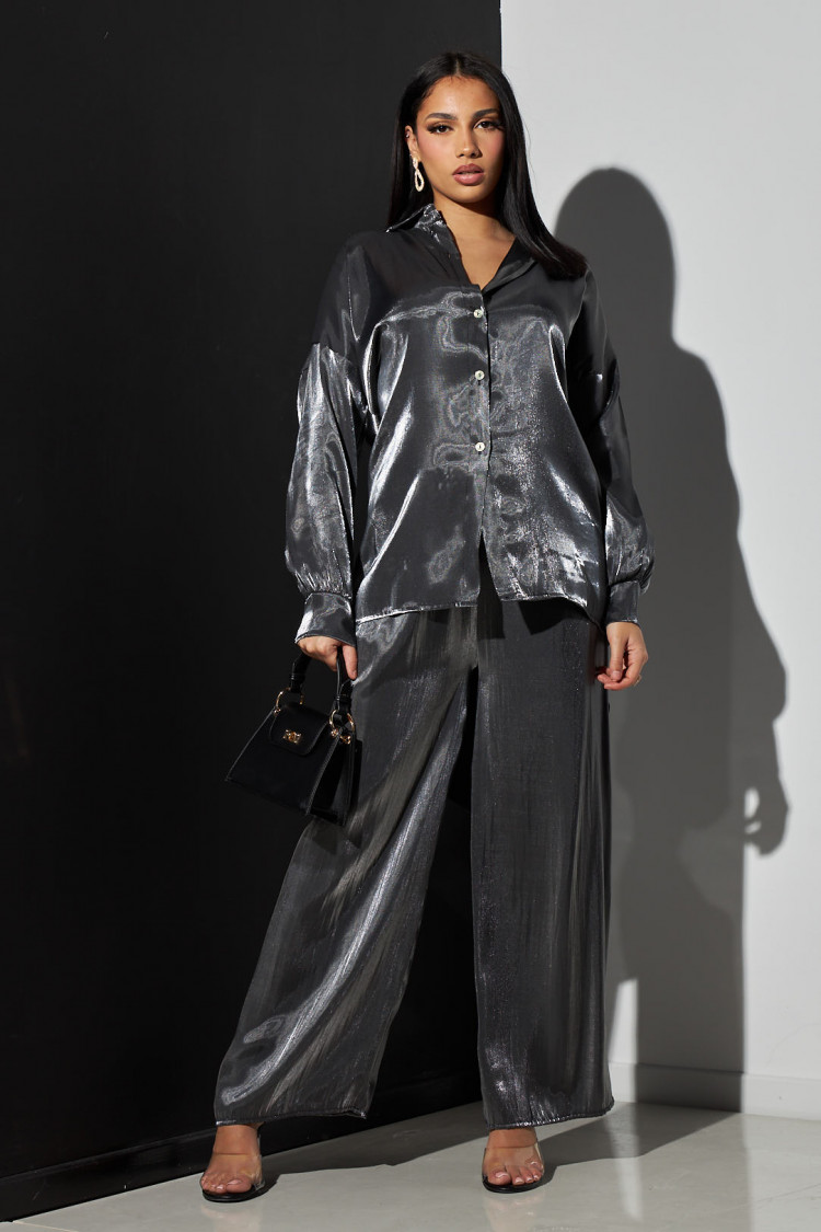 Ensemble 2 pièces chemise + pantalon satiné argenté