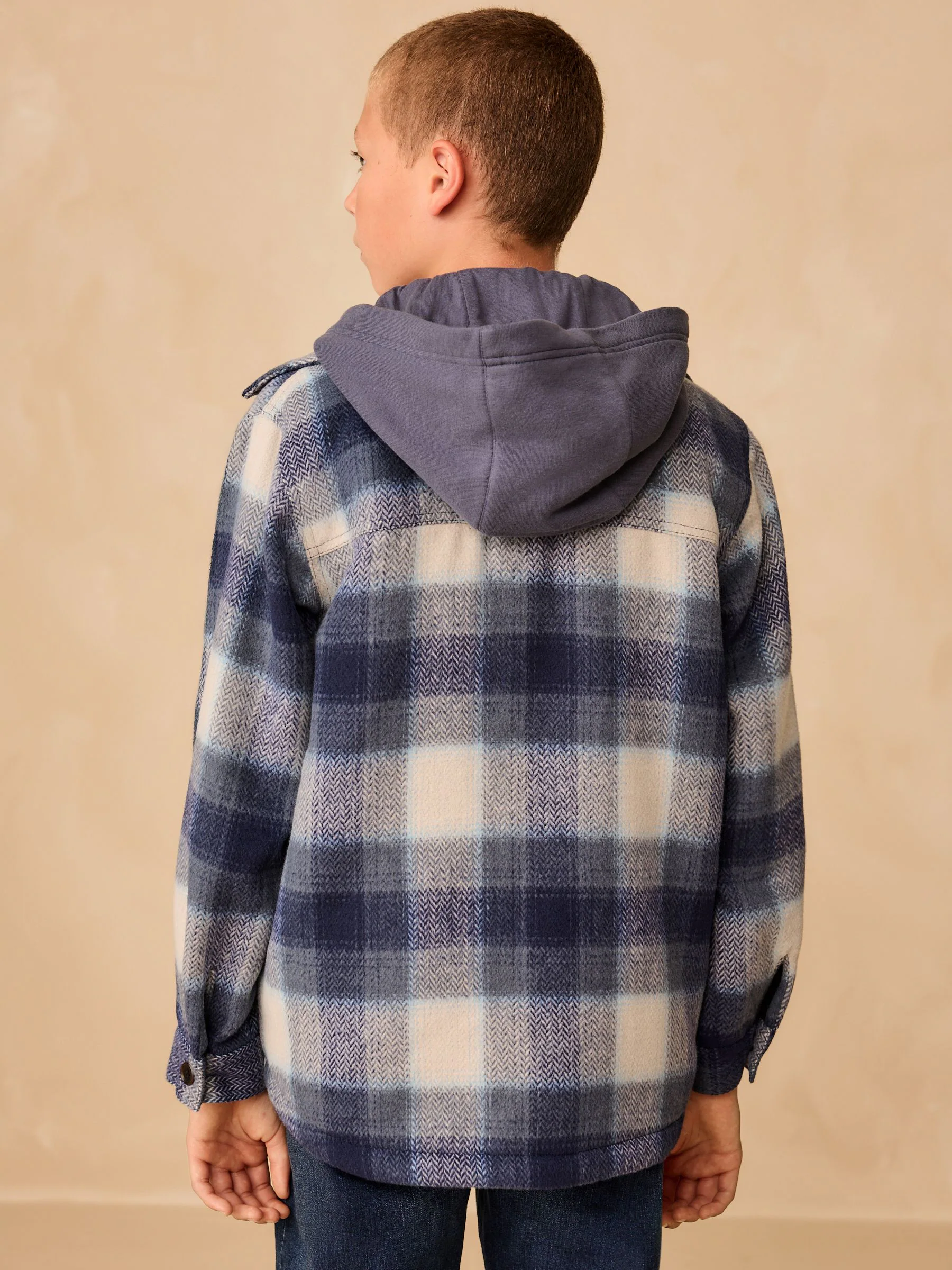 Donkerblauw - Borg gevoerde Ruit Overshirt Met capuchon (3-16jr)