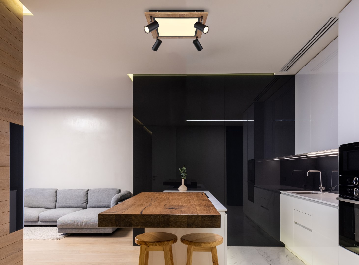 LED-Deckenleuchte - schwarz matt - Holzoptik