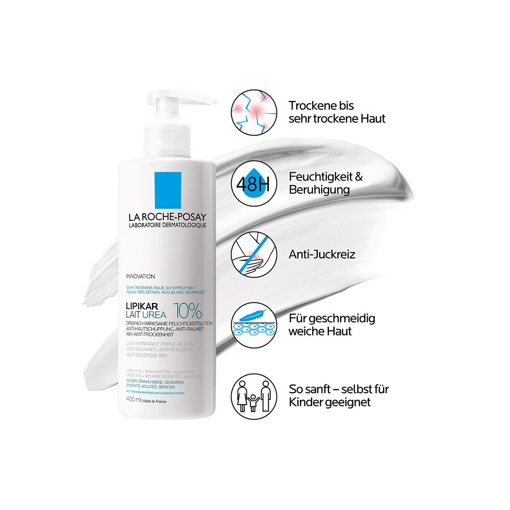 La Roche Posay Lipikar Lait Urea 10 %: Feuchtigkeitsspendende Körperlotion mit 10 % Urea für sehr trockene Haut + La Roche Posay Lipikar Huil Lavant 100ml GRATIS