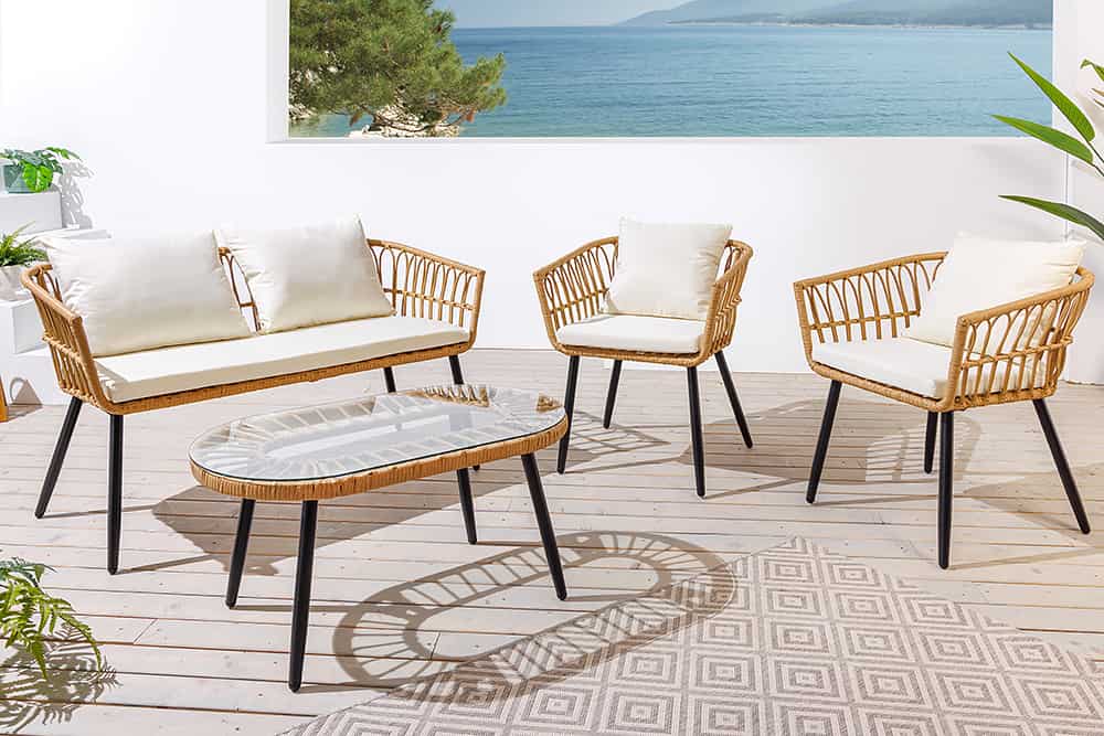 Outdoor Gartenlounge PARIS natur Rattan Gartenmöbel-Set inkl. Wechselbezügen grau creme