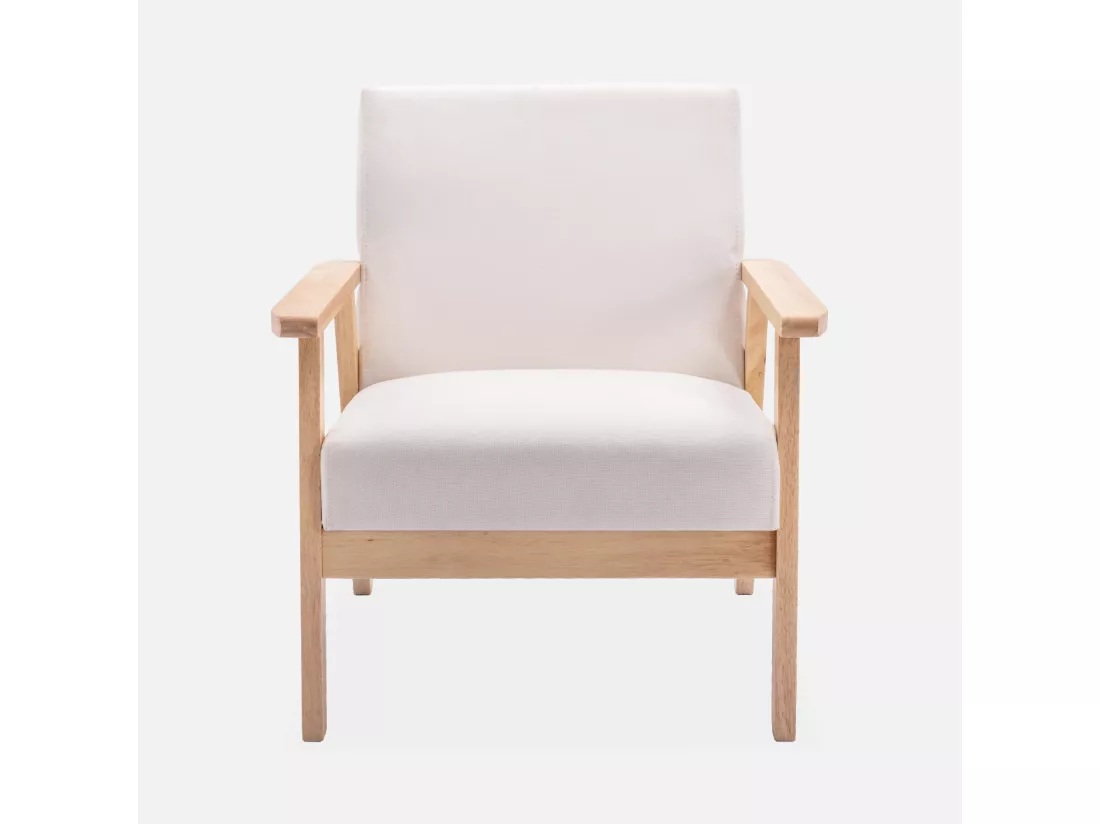 Banquette et fauteuil en bois et tissu crème. Isak. L 114 x l 69.5 x H 73cm