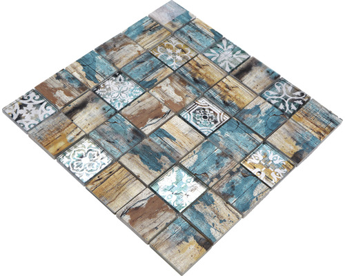 Glasmozaïek XCM Hout 800 vierkant Kristalmix beige/petrol 29,8x29,8cm