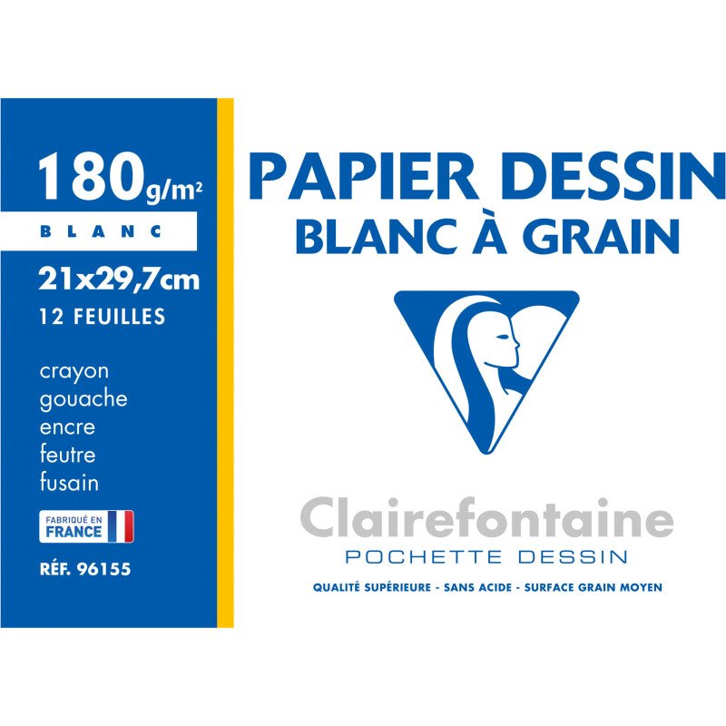 Pochette 12 feuilles papier dessin blanc A4 Clairefontaine à grain 180 g